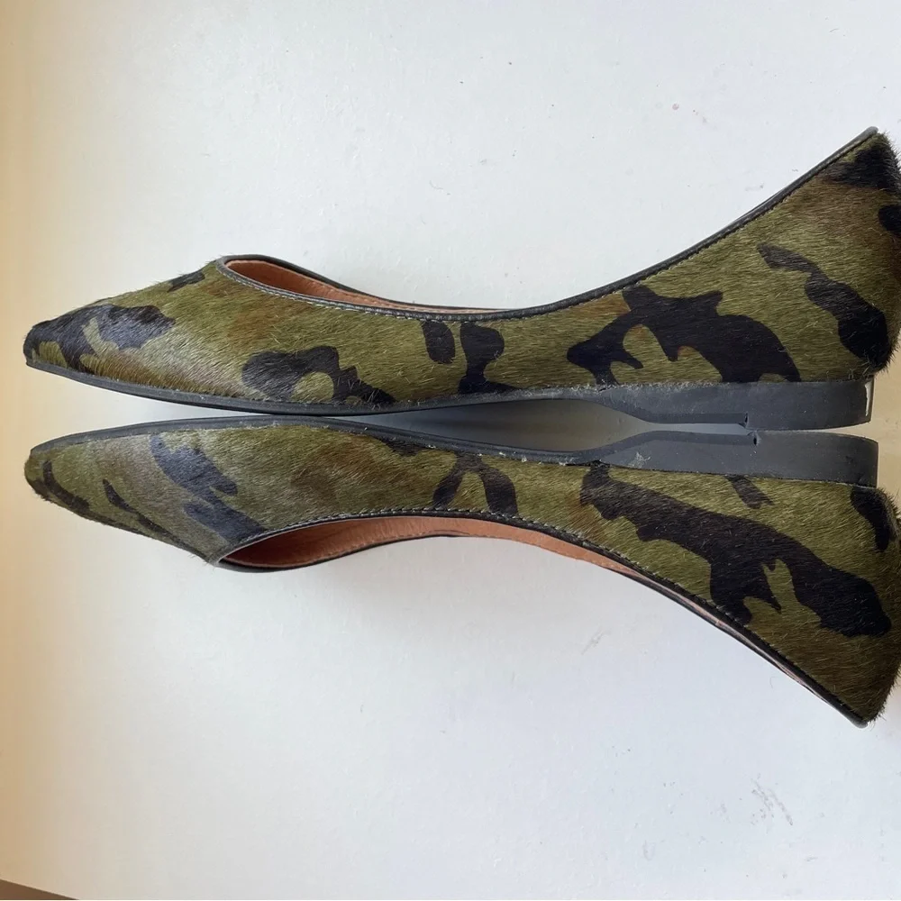 Anthropologie All Black Jungle Ballet Flats Camo Pointy-tow Calfhair slip-ons 8